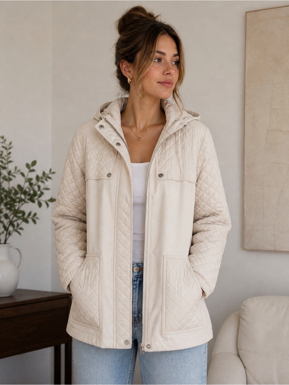 Kenneth Cole New York Quilted Hooded Jacket XL Cream Neutral Coat